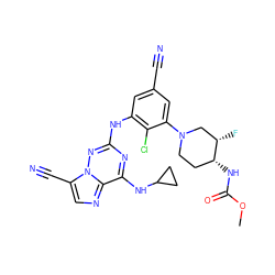 COC(=O)N[C@@H]1CCN(c2cc(C#N)cc(Nc3nc(NC4CC4)c4ncc(C#N)n4n3)c2Cl)C[C@@H]1F ZINC000169711944