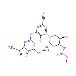 COC(=O)N[C@@H]1CCN(c2cc(C#N)cc(Nc3nc(NC4CC4)c4ncc(C#N)n4n3)c2Cl)C[C@H]1O ZINC000169711919