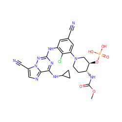 COC(=O)N[C@@H]1CCN(c2cc(C#N)cc(Nc3nc(NC4CC4)c4ncc(C#N)n4n3)c2Cl)C[C@H]1OP(=O)(O)O ZINC000169711942