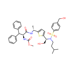 COC(=O)N[C@H](C(=O)N[C@H](C)c1ccc([C@H](CO)N(CCC(C)C)S(=O)(=O)c2ccc(CO)cc2)s1)C(c1ccccc1)c1ccccc1 ZINC000222278600