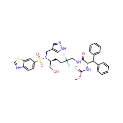COC(=O)N[C@H](C(=O)NCC(F)(F)CC[C@@H](CO)N(Cc1cn[nH]c1)S(=O)(=O)c1ccc2ncsc2c1)C(c1ccccc1)c1ccccc1 ZINC000219662061