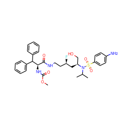 COC(=O)N[C@H](C(=O)NCC[C@@H](F)C[C@@H](CO)N(C(C)C)S(=O)(=O)c1ccc(N)cc1)C(c1ccccc1)c1ccccc1 ZINC000168558346