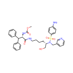 COC(=O)N[C@H](C(=O)NCCCC[C@@H](CO)N(Cc1cccnc1)S(=O)(=O)c1ccc(N)cc1)C(c1ccccc1)c1ccccc1 ZINC000169702518