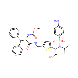 COC(=O)N[C@H](C(=O)NCc1ccc([C@@H](CO)N(C(C)C)S(=O)(=O)c2ccc(N)cc2)s1)C(c1ccccc1)c1ccccc1 ZINC000207235968