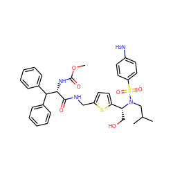 COC(=O)N[C@H](C(=O)NCc1ccc([C@@H](CO)N(CC(C)C)S(=O)(=O)c2ccc(N)cc2)s1)C(c1ccccc1)c1ccccc1 ZINC000222280602