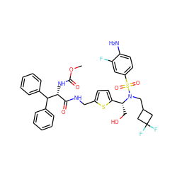 COC(=O)N[C@H](C(=O)NCc1ccc([C@@H](CO)N(CC2CC(F)(F)C2)S(=O)(=O)c2ccc(N)c(F)c2)s1)C(c1ccccc1)c1ccccc1 ZINC000207204640