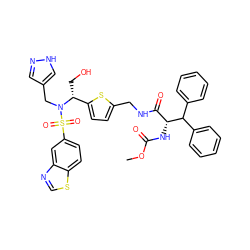 COC(=O)N[C@H](C(=O)NCc1ccc([C@@H](CO)N(Cc2cn[nH]c2)S(=O)(=O)c2ccc3scnc3c2)s1)C(c1ccccc1)c1ccccc1 ZINC000207261590
