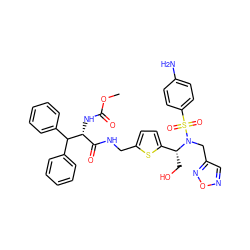 COC(=O)N[C@H](C(=O)NCc1ccc([C@@H](CO)N(Cc2cnon2)S(=O)(=O)c2ccc(N)cc2)s1)C(c1ccccc1)c1ccccc1 ZINC000207245953