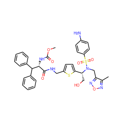 COC(=O)N[C@H](C(=O)NCc1ccc([C@@H](CO)N(Cc2nonc2C)S(=O)(=O)c2ccc(N)cc2)s1)C(c1ccccc1)c1ccccc1 ZINC000207245889