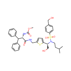 COC(=O)N[C@H](C(=O)NCc1ccc([C@H](CO)N(CCC(C)C)S(=O)(=O)c2ccc(CO)cc2)s1)C(c1ccccc1)c1ccccc1 ZINC000222277556