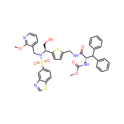 COC(=O)N[C@H](C(=O)NCc1ccc([C@H](CO)N(Cc2cccnc2OC)S(=O)(=O)c2ccc3scnc3c2)s1)C(c1ccccc1)c1ccccc1 ZINC000207255116