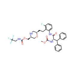 COC(=O)N[C@H](C(=O)Nc1cccc(F)c1CC[C@@H]1CN[C@H](COC(=O)NCC(F)(F)F)CO1)C(c1ccccc1)c1ccccc1 ZINC000653837914