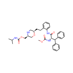 COC(=O)N[C@H](C(=O)Nc1ccccc1CC[C@@H]1CN[C@H](COC(=O)NC(C)C)CO1)C(c1ccccc1)c1ccccc1 ZINC000653835470