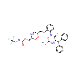 COC(=O)N[C@H](C(=O)Nc1ccccc1CC[C@@H]1CN[C@H](COC(=O)NCC(F)(F)F)CO1)C(c1ccccc1)c1ccccc1 ZINC000222638829
