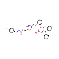 COC(=O)N[C@H](C(=O)Nc1ccccc1CC[C@@H]1CN[C@H](COC(=O)NCc2ccc(F)cc2)CO1)C(c1ccccc1)c1ccccc1 ZINC000222636059