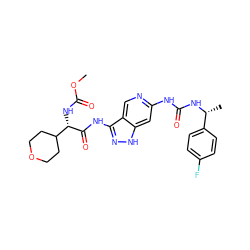 COC(=O)N[C@H](C(=O)Nc1n[nH]c2cc(NC(=O)N[C@H](C)c3ccc(F)cc3)ncc12)C1CCOCC1 ZINC001772619953