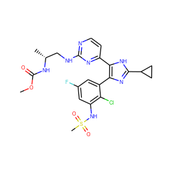 COC(=O)N[C@H](C)CNc1nccc(-c2[nH]c(C3CC3)nc2-c2cc(F)cc(NS(C)(=O)=O)c2Cl)n1 ZINC000116344475