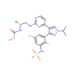 COC(=O)N[C@H](C)CNc1nccc(-c2cn(C(C)C)nc2-c2cc(Cl)cc(NS(C)(=O)=O)c2F)n1 ZINC000141513064