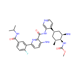 COC(=O)N[C@H]1[C@@H](C)C[C@@H](c2ccncc2NC(=O)c2nc(-c3cc(C(=O)NC(C)C)ccc3F)ccc2N)C[C@H]1N ZINC000261192430