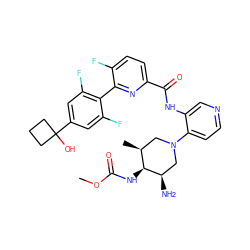 COC(=O)N[C@H]1[C@@H](C)CN(c2ccncc2NC(=O)c2ccc(F)c(-c3c(F)cc(C4(O)CCC4)cc3F)n2)C[C@H]1N ZINC000261141641