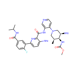 COC(=O)N[C@H]1[C@@H](C)CN(c2ccncc2NC(=O)c2nc(-c3cc(C(=O)NC(C)C)ccc3F)ccc2N)C[C@H]1N ZINC000261095418