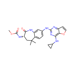 COC(=O)N[C@H]1CC(C)(C)c2ccc(Nc3nc(NC4CC4)c4occc4n3)cc2NC1=O ZINC001772616716