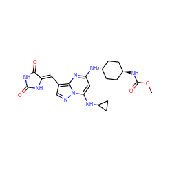 COC(=O)N[C@H]1CC[C@H](Nc2cc(NC3CC3)n3ncc(/C=C4\NC(=O)NC4=O)c3n2)CC1 ZINC001772570001