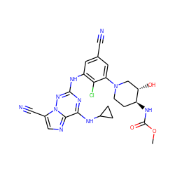 COC(=O)N[C@H]1CCN(c2cc(C#N)cc(Nc3nc(NC4CC4)c4ncc(C#N)n4n3)c2Cl)C[C@@H]1O ZINC000169711920