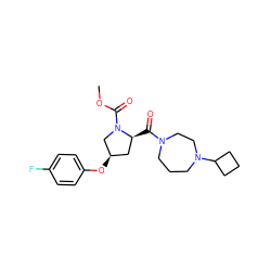 COC(=O)N1C[C@H](Oc2ccc(F)cc2)C[C@@H]1C(=O)N1CCCN(C2CCC2)CC1 ZINC000072178747