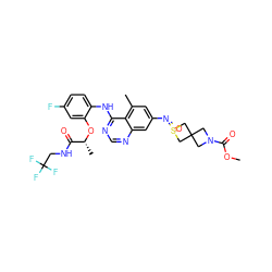 COC(=O)N1CC2(C1)CS(=O)(=Nc1cc(C)c3c(Nc4ccc(F)cc4O[C@H](C)C(=O)NCC(F)(F)F)ncnc3c1)C2 ZINC001772607971