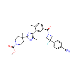 COC(=O)N1CCC(C)(c2nc(-c3cc(C(=O)N4CC(F)(c5ccc(C#N)cc5)C4)ccc3C)c(C)[nH]2)CC1 ZINC000218997390