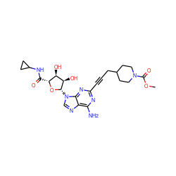 COC(=O)N1CCC(CC#Cc2nc(N)c3ncn([C@@H]4O[C@H](C(=O)NC5CC5)[C@@H](O)[C@H]4O)c3n2)CC1 ZINC000035953249