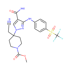 COC(=O)N1CCC(CC#N)(n2cc(C(N)=O)c(Nc3ccc(S(=O)(=O)C(F)(F)F)cc3)n2)CC1 ZINC000218409191