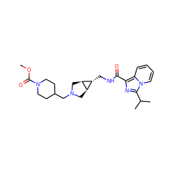 COC(=O)N1CCC(CN2C[C@H]3[C@H](CNC(=O)c4nc(C(C)C)n5ccccc45)[C@H]3C2)CC1 ZINC000653780339