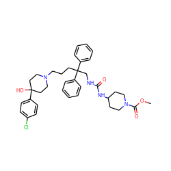 COC(=O)N1CCC(NC(=O)NCC(CCCN2CCC(O)(c3ccc(Cl)cc3)CC2)(c2ccccc2)c2ccccc2)CC1 ZINC000027214557