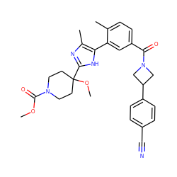 COC(=O)N1CCC(OC)(c2nc(C)c(-c3cc(C(=O)N4CC(c5ccc(C#N)cc5)C4)ccc3C)[nH]2)CC1 ZINC001772655853