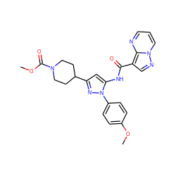 COC(=O)N1CCC(c2cc(NC(=O)c3cnn4cccnc34)n(-c3ccc(OC)cc3)n2)CC1 ZINC000142503771