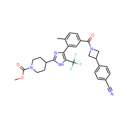 COC(=O)N1CCC(c2nc(-c3cc(C(=O)N4CC(c5ccc(C#N)cc5)C4)ccc3C)c(C(F)(F)F)[nH]2)CC1 ZINC000220792725