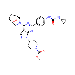 COC(=O)N1CCC(n2ncc3c(N4C[C@@H]5CC[C@H](C4)O5)nc(-c4ccc(NC(=O)NC5CC5)cc4)nc32)CC1 ZINC000049723222