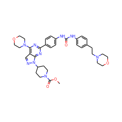 COC(=O)N1CCC(n2ncc3c(N4CCOCC4)nc(-c4ccc(NC(=O)Nc5ccc(CCN6CCOCC6)cc5)cc4)nc32)CC1 ZINC000049784645