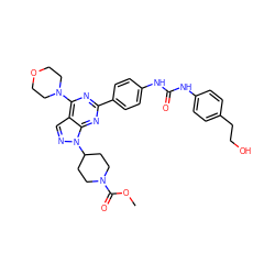 COC(=O)N1CCC(n2ncc3c(N4CCOCC4)nc(-c4ccc(NC(=O)Nc5ccc(CCO)cc5)cc4)nc32)CC1 ZINC000049784582