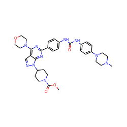 COC(=O)N1CCC(n2ncc3c(N4CCOCC4)nc(-c4ccc(NC(=O)Nc5ccc(N6CCN(C)CC6)cc5)cc4)nc32)CC1 ZINC000049650182