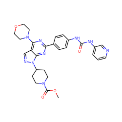 COC(=O)N1CCC(n2ncc3c(N4CCOCC4)nc(-c4ccc(NC(=O)Nc5cccnc5)cc4)nc32)CC1 ZINC000042965168