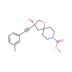 COC(=O)N1CCC2(CC1)C[C@@](O)(C#Cc1cccc(C)c1)CO2 ZINC000103273452
