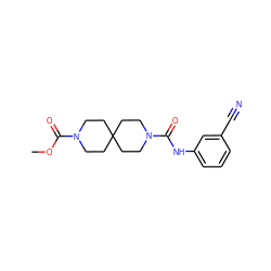 COC(=O)N1CCC2(CCN(C(=O)Nc3cccc(C#N)c3)CC2)CC1 ZINC000004238098