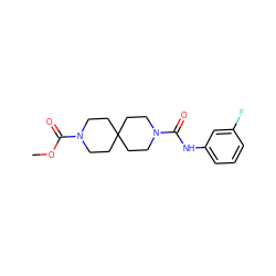 COC(=O)N1CCC2(CCN(C(=O)Nc3cccc(F)c3)CC2)CC1 ZINC000004238063