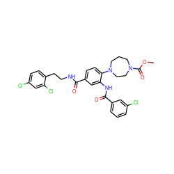 COC(=O)N1CCCN(c2ccc(C(=O)NCCc3ccc(Cl)cc3Cl)cc2NC(=O)c2cccc(Cl)c2)CC1 ZINC000028563284