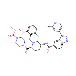 COC(=O)N1CCN(C(=O)[C@@H]2CC[C@@H](NC(=O)c3ccc4[nH]nc(-c5ccnc(C)c5)c4c3)CN2Cc2c(F)cccc2OC)CC1 ZINC000205012881