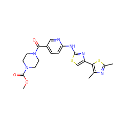 COC(=O)N1CCN(C(=O)c2ccc(Nc3nc(-c4sc(C)nc4C)cs3)nc2)CC1 ZINC001772579743