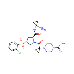 COC(=O)N1CCN(C2(C(=O)N3C[C@H](S(=O)(=O)c4ccccc4Cl)C[C@H]3C(=O)NC3(C#N)CC3)CC2)CC1 ZINC000169705342